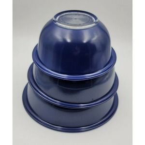 Vintage PYREX Mixing Nesting Bowls Solid Dark Blue Glass Bottom 3pcs